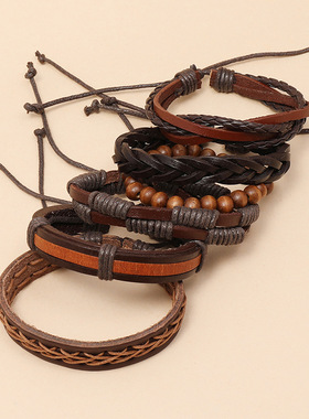 极速复古男士编织棕色原宿t个性嘻哈牛皮手錬潮流简约欧美新款饰