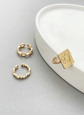 极速Golden rkings women金色人脸笑脸麻花编织戒指女食指