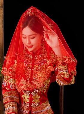 红盖头秀禾服新娘结婚红色头纱婚纱中式中国红复古喜庆蕾丝蒙头