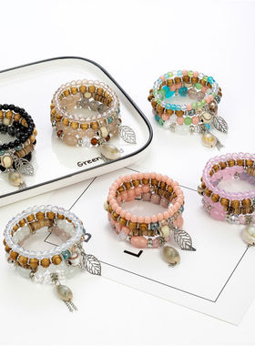 波西米亚手环沙滩风贝壳流苏多层手链套装木珠水晶椰壳多串手饰女