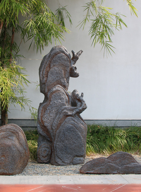 中式庭院假山造景布置别墅会所水池景观装饰仿真玻璃钢虎劈石头