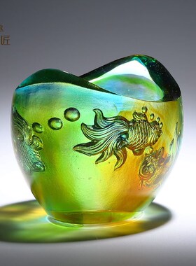 纯手工制作琉璃工艺品元宝鱼缸聚宝盆摆件风水招财聚财位水晶客厅