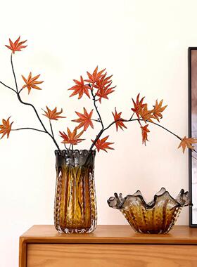 轻奢花瓣琥珀灰拼色琉璃花瓶果盘摆件北欧简约客厅餐桌水培玻璃瓶
