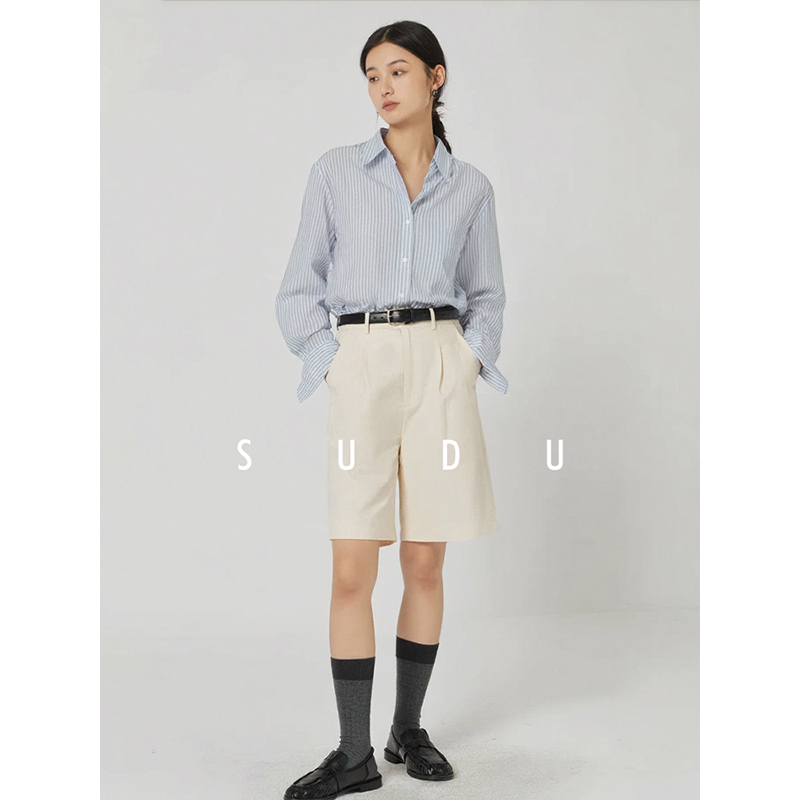 SUDU素都2026春季新款法式蓝白竖条纹长袖衬衫女通勤宽松复古衬衣,淘宝优惠券,粉丝福利购,淘宝优惠卷