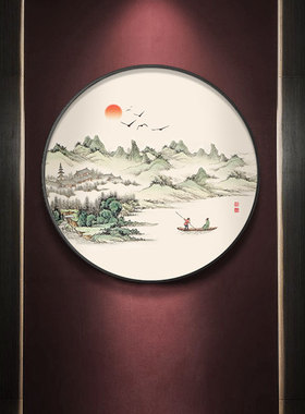 极速新中式玄关壁画酒q店大堂背景墙圆形山水装饰画走廊过道寓意