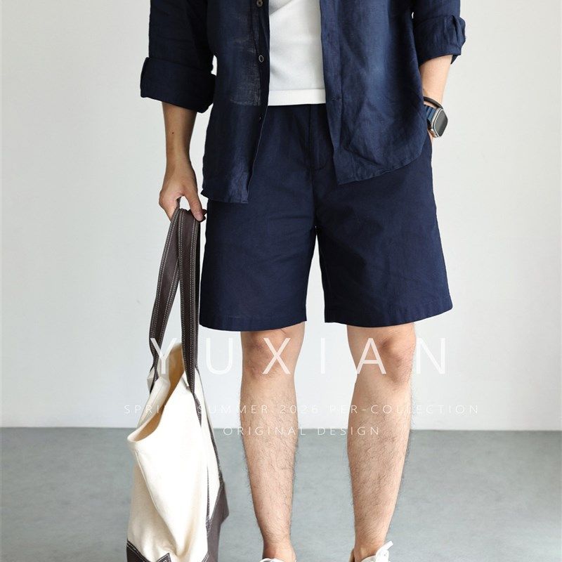 YUXIAN老钱亚麻棉休r闲商务直筒短裤通勤纯色5分裤吸湿透气男春夏,淘宝优惠券,粉丝福利购,淘宝优惠卷