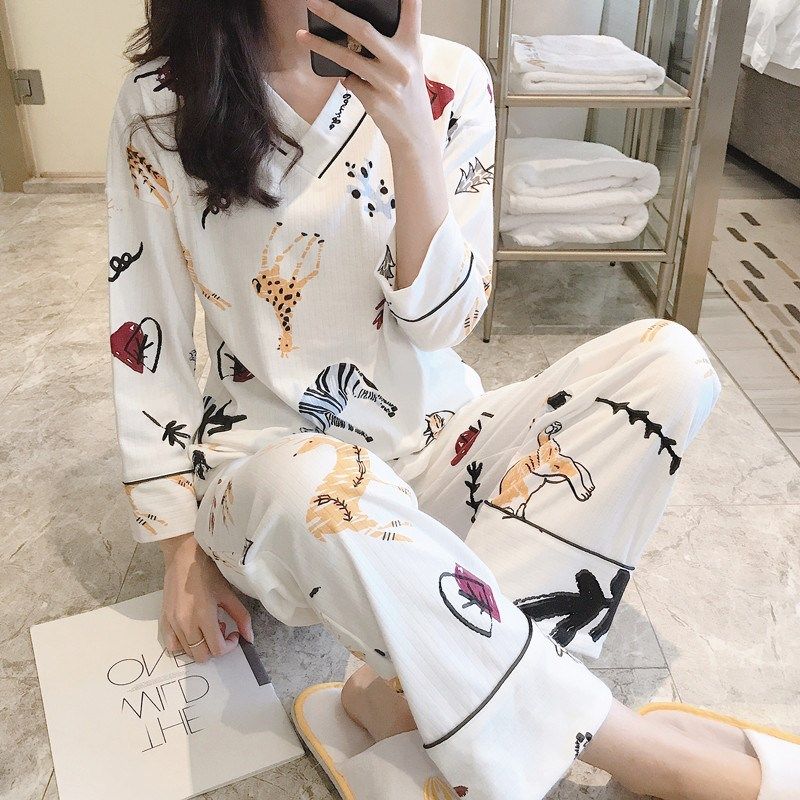 纯棉睡衣女夏季薄款长o袖韩版宽松可爱全棉少女春秋家居服两件套,淘宝优惠券,粉丝福利购,淘宝优惠卷