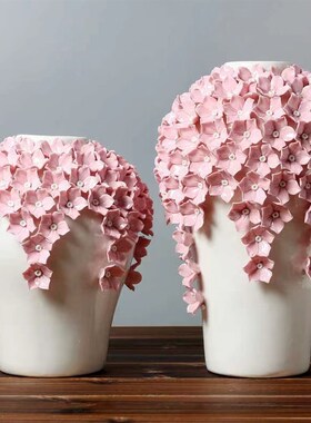 德化白瓷捏花陶瓷粉色花瓶摆件客厅插花花器装饰品轻奢电视柜家居