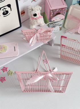 ins少女心桌面收纳篮迷你购物篮可爱粉色蝴蝶结铁艺摆件装饰道具
