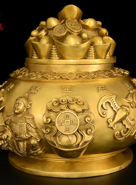 铜聚宝盆摆件客厅家用财位摆件办公室五路财神带盖铜盆大号