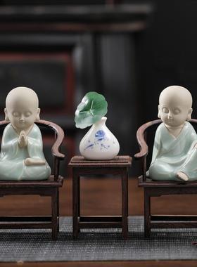 新中式禅意沙弥小和尚摆件博古架酒柜桌面装饰品家居客厅摆设茶宠