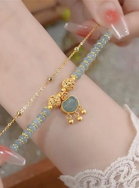 极速现货平安福锁仿天然翡翠福锁绣球双链叠戴古风精Y致手錬女闺