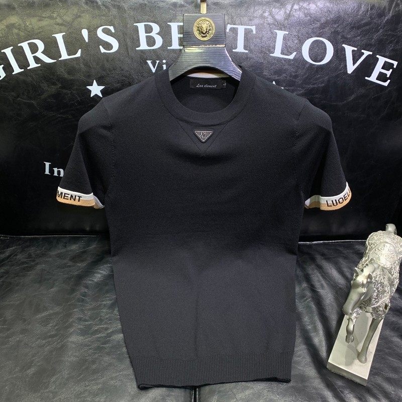 夏季提花字母冰丝短袖T恤男时尚美式潮牌修身针织圆领半袖T恤百搭,淘宝优惠券,粉丝福利购,淘宝优惠卷