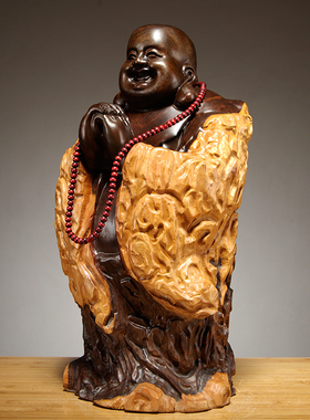 黑檀实木雕刻弥勒佛根雕摆件大号笑佛工艺品红木家居玄关装饰送礼