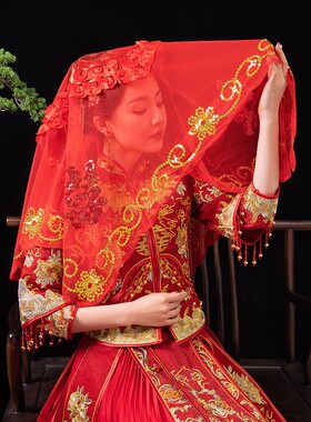 红盖头纱婚庆用品中式新娘红盖头网纱透气喜帕金丝凤凰流苏结婚红