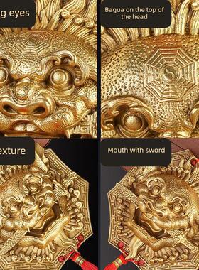 狮子咬剑挂件纯铜狮头八卦镜吞兽家门挂饰虎头牌挂件