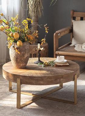 侘寂风客厅沙发实木茶几民宿复古做旧网红小圆桌小户型家居边角几