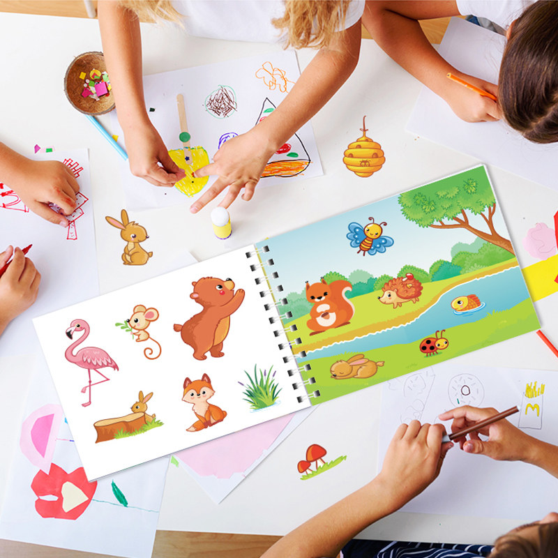 原始人星空动物场景系列贴纸书儿童益智动脑动手安静书DIY创意贴画互动娱乐游戏贴纸便携式线圈本简单上手快