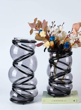 现简约璃缠玻A6金属绕花器木质高脚果盘创意摆面件桌餐桌装饰品代