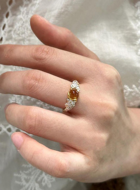 法式轻奢复古蛋面花朵开口戒指