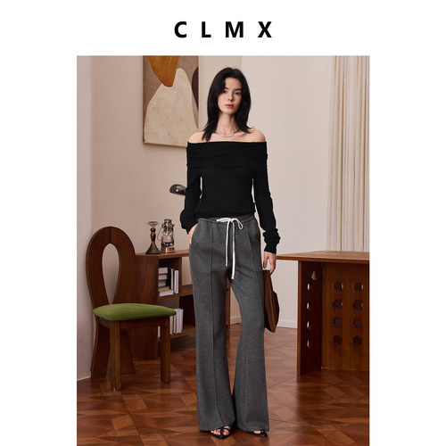 CLMX秋季宽松休闲两件套羊毛混纺复合针织布抽绳外套/微喇长裤女 - 图0