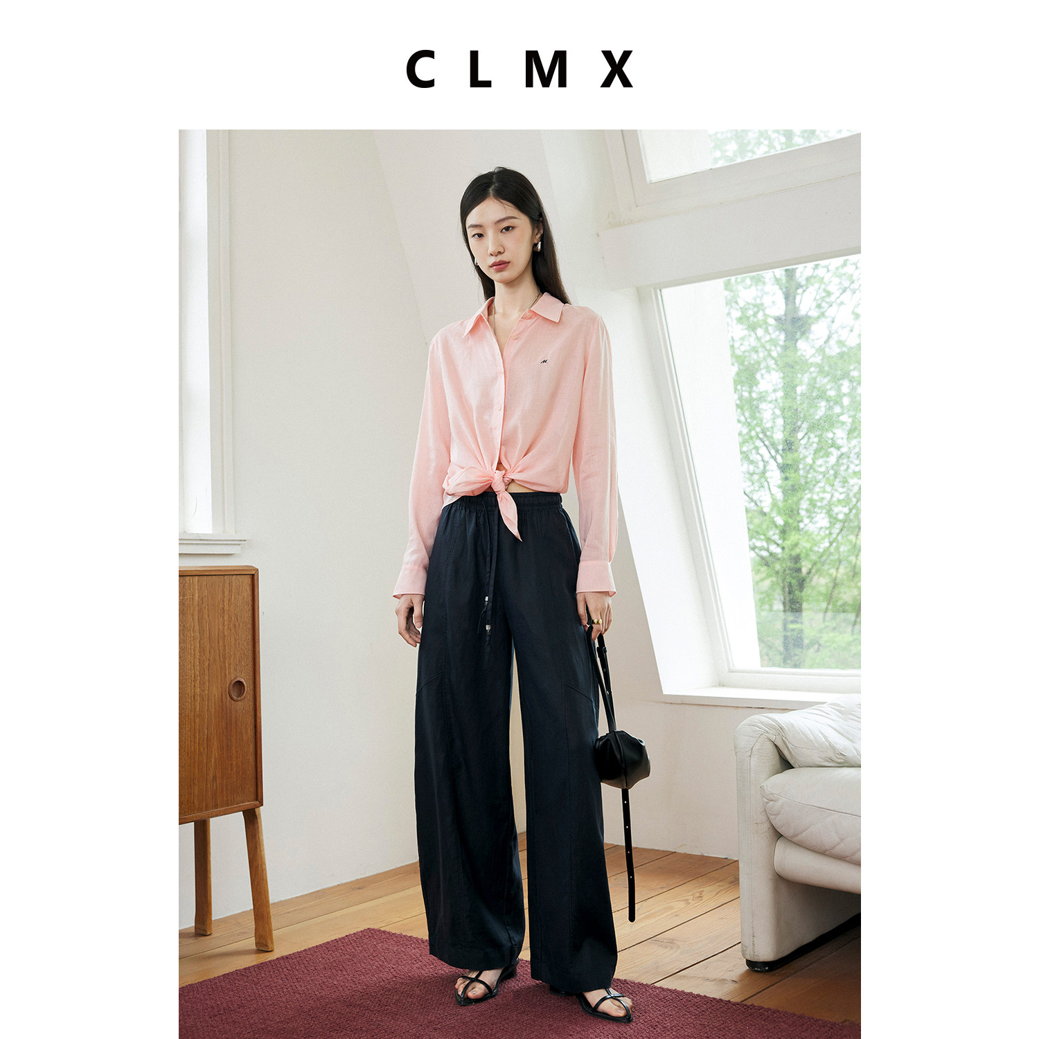 CLMX亚麻莱赛尔白色窄脚香蕉休闲裤女夏季薄款高级系带宽松长裤子
