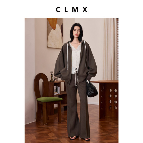 CLMX秋季宽松休闲两件套羊毛混纺复合针织布抽绳外套/微喇长裤女 - 图2