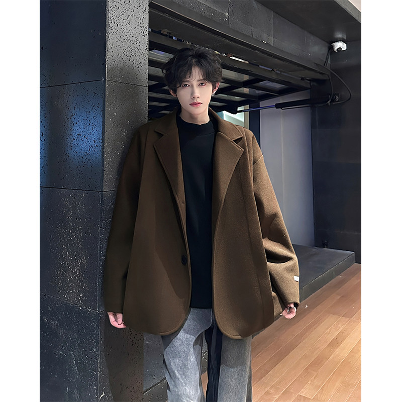 英伦风毛呢西装外套男款秋冬季加厚加绒短款风衣夹克棕色呢子大衣,淘宝优惠券,粉丝福利购,淘宝优惠卷