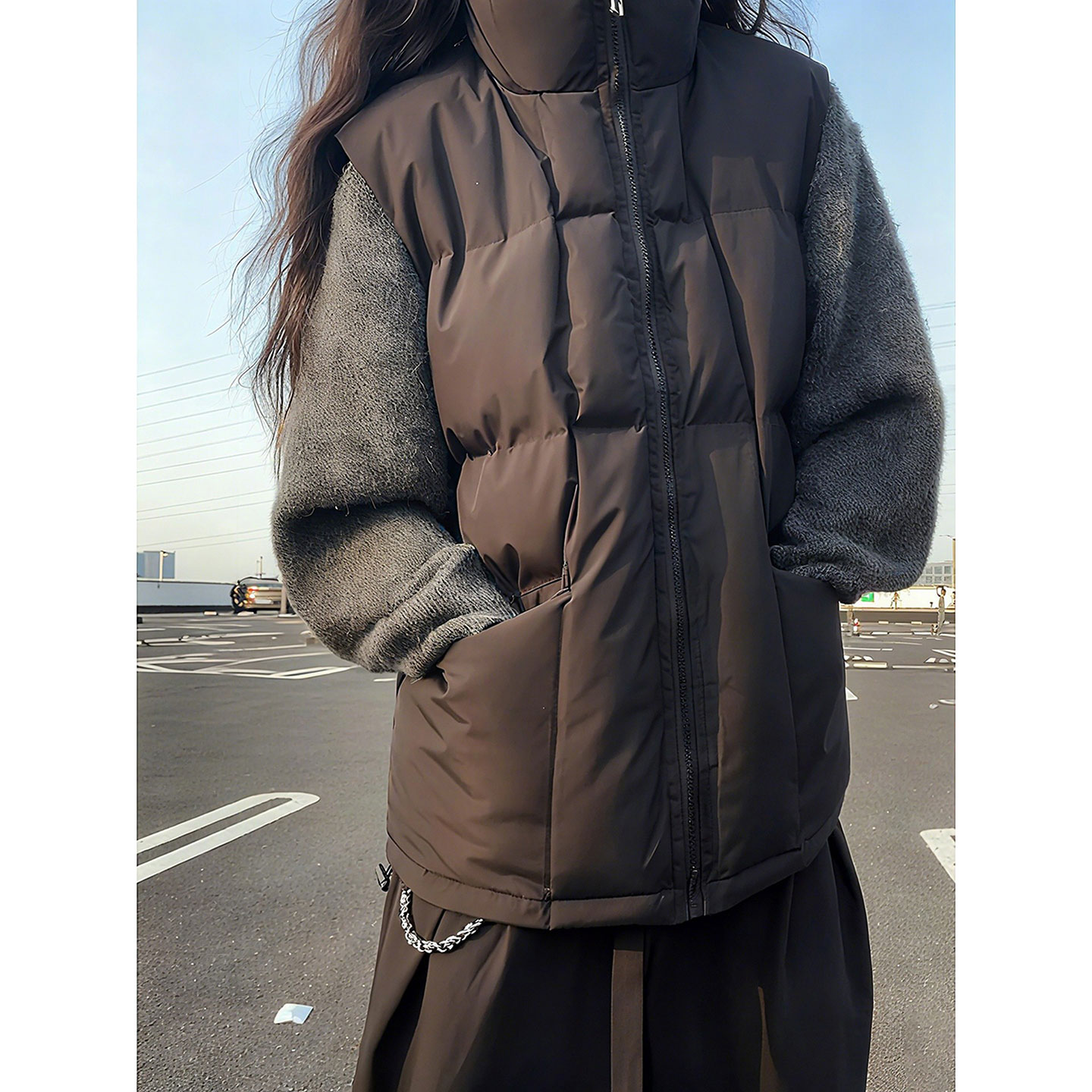 黑色外穿保暖羽绒马甲男款冬季叠穿坎肩背心立领加厚无袖棉服外套 - 图1