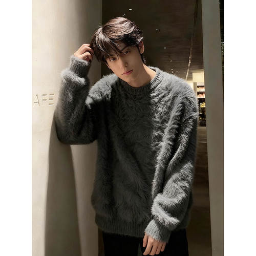 深灰色加厚水貂绒毛衣男款冬季马海毛软糯针织衫内搭韩系慵懒外套 - 图2