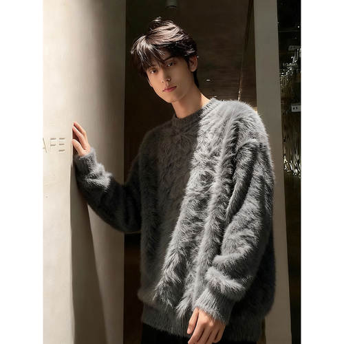 深灰色加厚水貂绒毛衣男款冬季马海毛软糯针织衫内搭韩系慵懒外套 - 图3