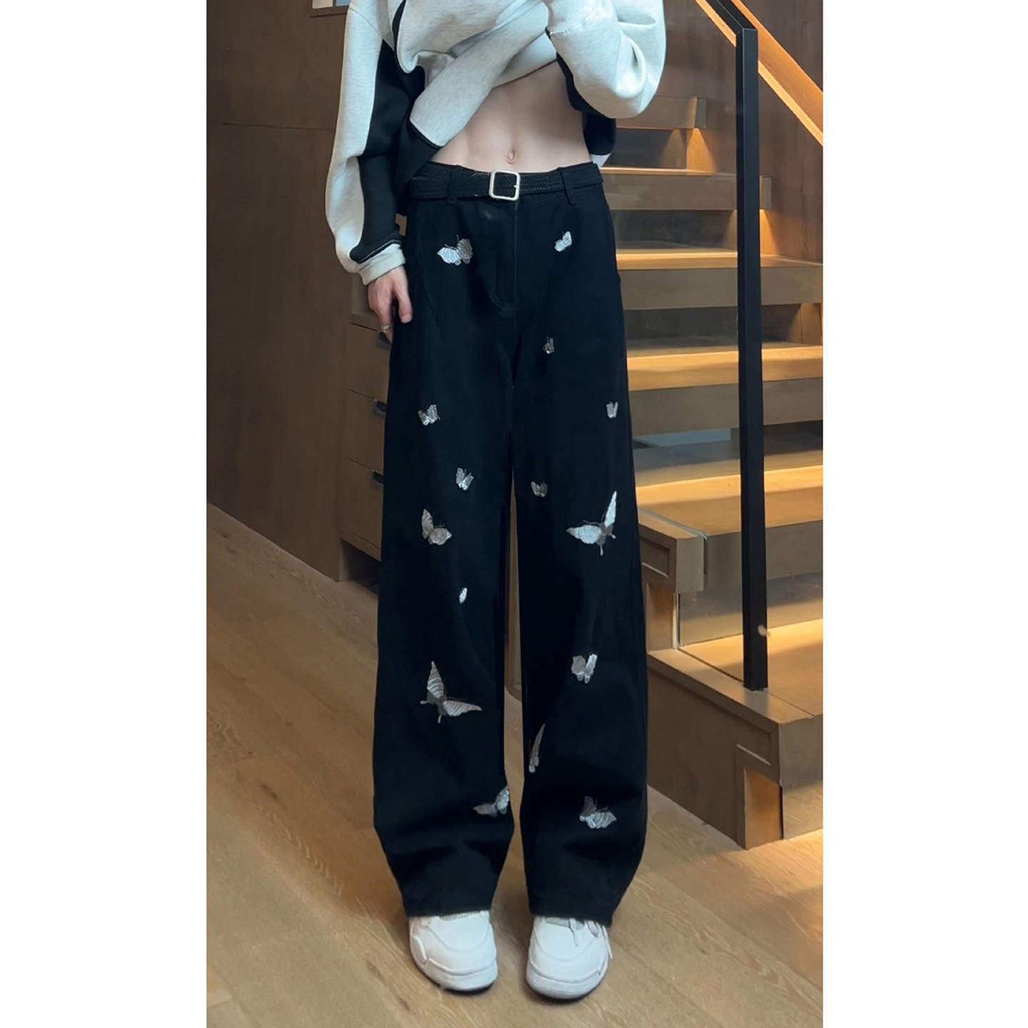 蝴蝶刺绣黑色阔腿牛仔裤男款秋季美式高街裤子显瘦弯刀直筒微喇裤,淘宝优惠券,粉丝福利购,淘宝优惠卷