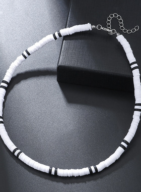 跨境热销波西米亚风软陶片拼接木片男士项链百搭黑白拼接软陶