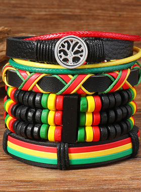 新款红黄绿牙买加和平树多件套木珠手链 复古潮流简约4件套皮手链