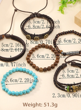 新款简约复古个性蝴蝶花朵绿松石皮革编织6件套装皮手链手镯