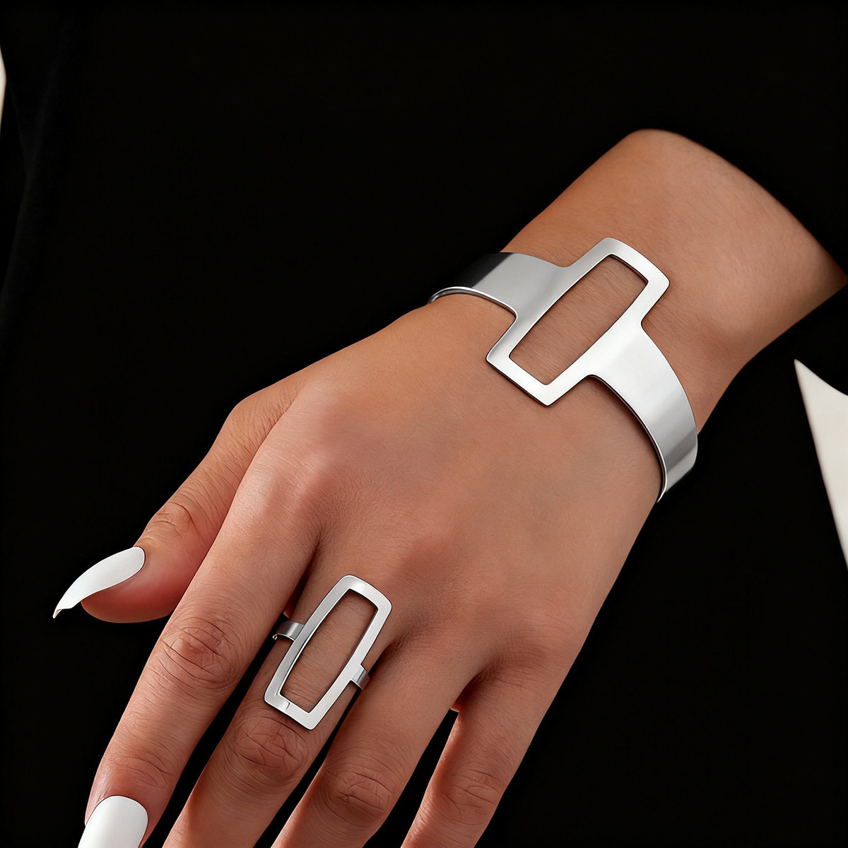 European and American cross-border metal design geometric women's open bracelet ring set exaggerated punk retro temperament jewelry