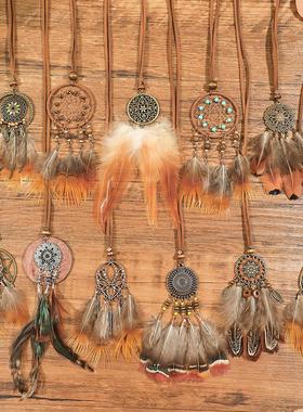 亚马逊热卖项链毛衣链捕梦网手工编织羽毛项链景区摆摊云南假日