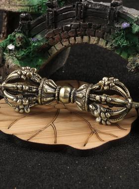 西藏密宗法器九股金刚杵降魔杵摆件手工古黄铜随身物件古铜器收藏