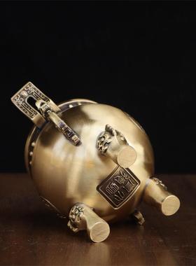 纯黄铜铜鼎财富宝鼎摆件家用三足圆鼎聚宝香炉供奉上香铜艺品摆设