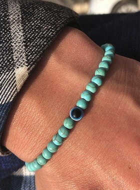 新款时尚6mm自然石珠眼睛手链百搭个性恶魔之眼串珠弹力男士手链