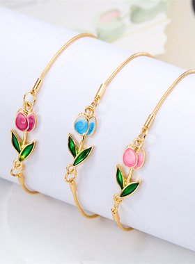 欧美新款女式气质花朵滴油郁金香手链百搭优雅龙虾扣链条手饰