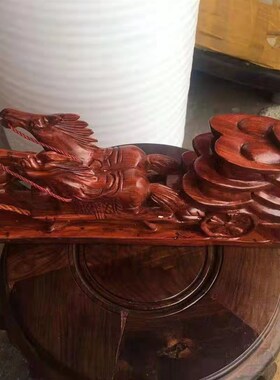 纯手工木马拉车摆件实木红色三马拉元宝鸡翅木客厅店铺生肖马拉金