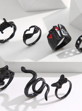 2022亚马逊简约欧美创意个性叠戴组合戒指套装10件套黑色戒指