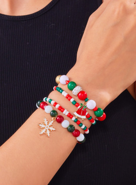新品圣诞日节彩色亚克力镶钻雪花铃铛弹力串珠手链圣诞节套装