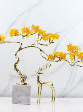 发财树水晶摆件黄铜轻奢风入户玄关乔迁新居送礼家居装饰品