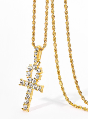 跨境爆款嘻哈十字架铜镶4mm锆石镀真金吊坠项链 欧美街头潮人饰品