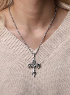 2024热卖不锈钢项链火焰复古十字架合金铸造男士吊坠项链配饰