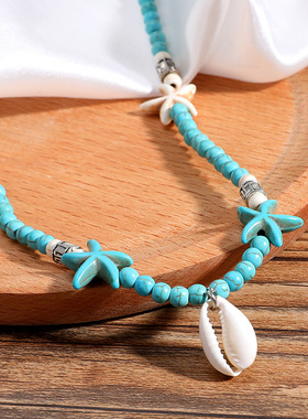 欧美波西米亚手工绿松石天然贝壳海星项链女士时尚锁骨链