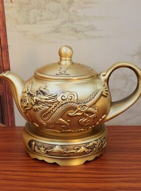 黄铜龙凤呈祥茶壶壶铜茶壶家居创意铜器摆件金属黄铜茶壶工艺品