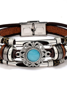 新款复古民族风绿松石猫眼多根皮质不锈钢手链 欧美热销饰品